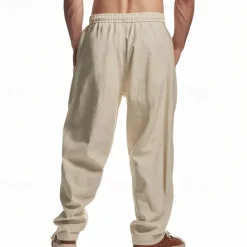 New OUKU Men's Linen Pants Trousers Summer Pants Beach Pants Drawstring Elastic Waist Straight Leg Plain Comfort Breathable Full Length Casual Daily Holiday Fashion Classic Style Black White