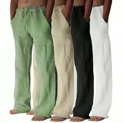 OUKU Men's Linen Pants Trousers Summer Pants Pocket Drawstring Plain Comfort Breathable Full Length Yoga Casual Daily Basic Straight Loose Fit Black White Micro-elastic