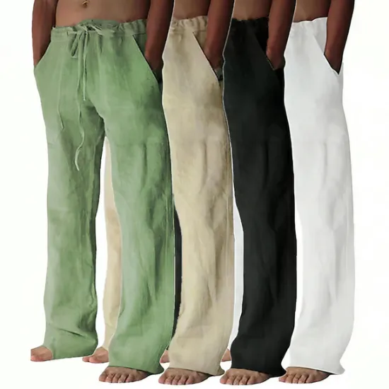 OUKU Men's Linen Pants Trousers Summer Pants Pocket Drawstring Plain Comfort Breathable Full Length Yoga Casual Daily Basic Straight Loose Fit Black White Micro-elastic