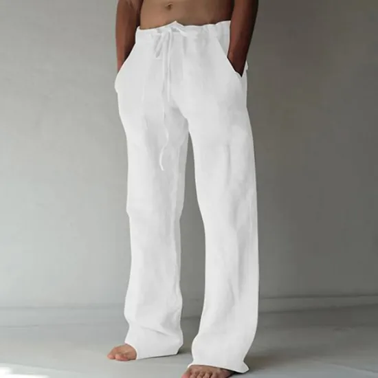 OUKU Men's Linen Pants Trousers Summer Pants Pocket Drawstring Plain Comfort Breathable Full Length Yoga Casual Daily Basic Straight Loose Fit Black White Micro-elastic
