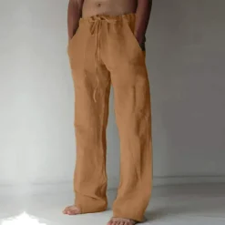 OUKU Men's Linen Pants Trousers Summer Pants Pocket Drawstring Plain Comfort Breathable Full Length Yoga Casual Daily Basic Straight Loose Fit Black White Micro-elastic