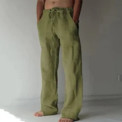 OUKU Men's Linen Pants Trousers Summer Pants Pocket Drawstring Plain Comfort Breathable Full Length Yoga Casual Daily Basic Straight Loose Fit Black White Micro-elastic