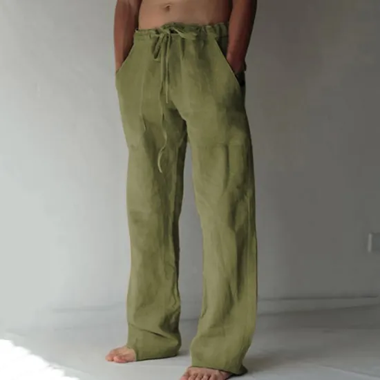 OUKU Men's Linen Pants Trousers Summer Pants Pocket Drawstring Plain Comfort Breathable Full Length Yoga Casual Daily Basic Straight Loose Fit Black White Micro-elastic