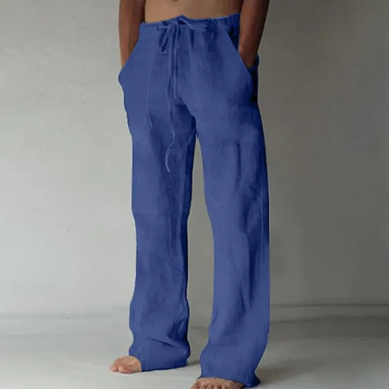 OUKU Men's Linen Pants Trousers Summer Pants Pocket Drawstring Plain Comfort Breathable Full Length Yoga Casual Daily Basic Straight Loose Fit Black White Micro-elastic