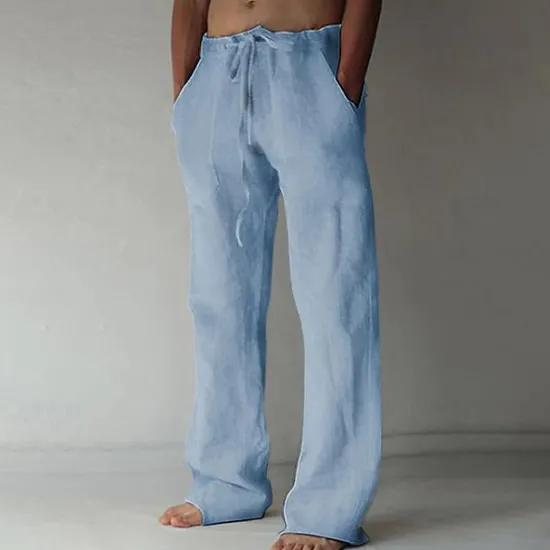 OUKU Men's Linen Pants Trousers Summer Pants Pocket Drawstring Plain Comfort Breathable Full Length Yoga Casual Daily Basic Straight Loose Fit Black White Micro-elastic