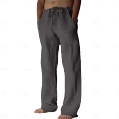 OUKU Men's Linen Pants Trousers Summer Pants Pocket Drawstring Plain Comfort Breathable Full Length Yoga Casual Daily Basic Straight Loose Fit Black White Micro-elastic