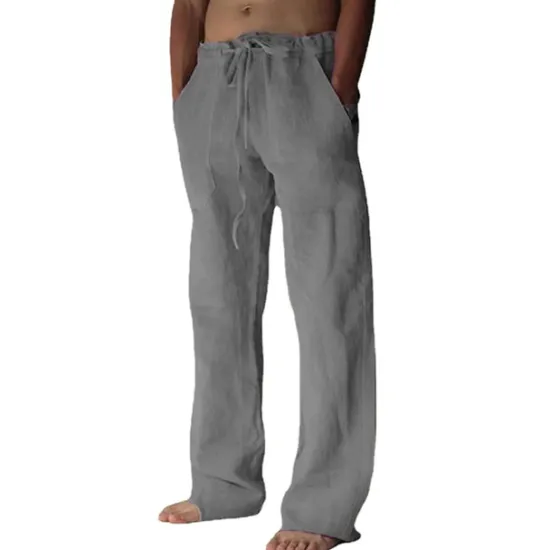 OUKU Men's Linen Pants Trousers Summer Pants Pocket Drawstring Plain Comfort Breathable Full Length Yoga Casual Daily Basic Straight Loose Fit Black White Micro-elastic