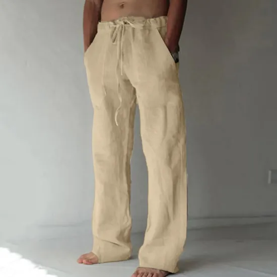 OUKU Men's Linen Pants Trousers Summer Pants Pocket Drawstring Plain Comfort Breathable Full Length Yoga Casual Daily Basic Straight Loose Fit Black White Micro-elastic