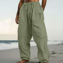 OUKU Men's Linen Pants Trousers Summer Pants Baggy Pants Pocket Drawstring Elastic Waist Plain Comfort Breathable Full Length Casual Daily Holiday Vacation Streetwear Black White