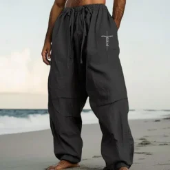 OUKU Men's Linen Pants Trousers Summer Pants Baggy Pants Pocket Drawstring Elastic Waist Plain Comfort Breathable Full Length Casual Daily Holiday Vacation Streetwear Black White