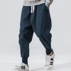 Clearance OUKU Men's Linen Pants Trousers Patchwork Drawstring Harem Solid Color Breathable Quick Dry Street Casual Athleisure Loose Fit Black Gray Micro-elastic / Winter / Cropped Pants / Moisture Wicking