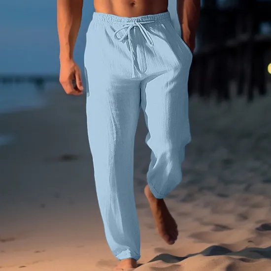 Sale OUKU Men's Linen Pants Trousers Summer Pants Beach Pants Drawstring Elastic Waist Straight Leg Plain Comfort Breathable Casual Daily Holiday Fashion Classic Style Light Khaki Black