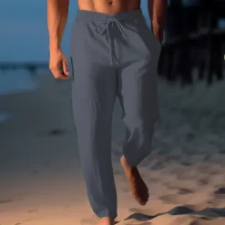 Sale OUKU Men's Linen Pants Trousers Summer Pants Beach Pants Drawstring Elastic Waist Straight Leg Plain Comfort Breathable Casual Daily Holiday Fashion Classic Style Light Khaki Black