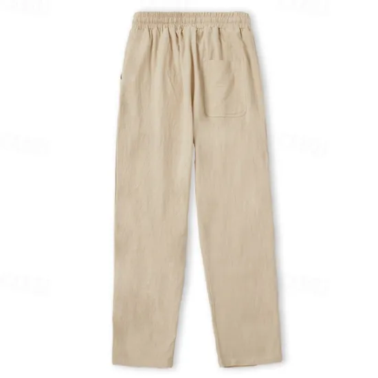 Sale OUKU Men's Linen Pants Trousers Summer Pants Beach Pants Drawstring Elastic Waist Straight Leg Plain Comfort Breathable Casual Daily Holiday Fashion Classic Style Light Khaki Black