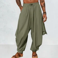 Best OUKU Men's Linen Pants Trousers Summer Pants Baggy Pants Harem Pants Drawstring Elastic Waist Plain Comfort Breathable Full Length Outdoor Casual Holiday Fashion Classic Style Black Green