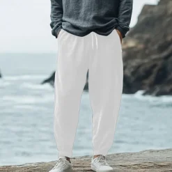 Sale OUKU Men's Linen Pants Trousers Summer Pants Elastic Waist Straight Leg High Rise Solid Color Comfort Breathable Full Length Wedding Holiday Vacation Fashion Black White High Waist Inelastic