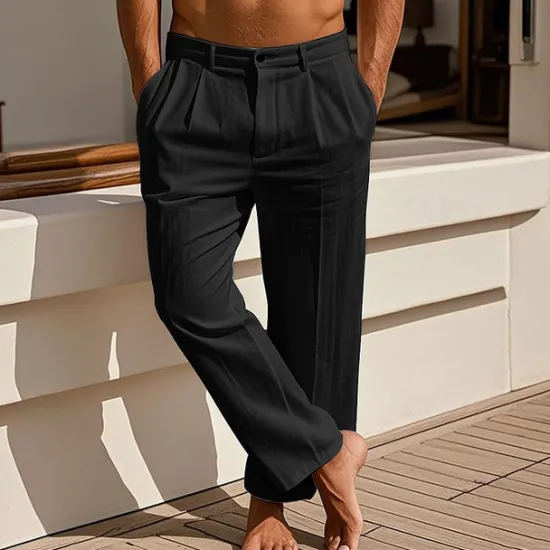 Discount OUKU Men's Linen Pants Trousers Summer Pants Beach Pants Pocket Pleats Plain Comfort Breathable Vacation Daily Holiday Hawaiian Boho Black White