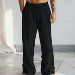 New OUKU Men's Linen Pants Trousers Summer Pants Front Pocket Pleats Straight Leg Plain Comfort Breathable Full Length Casual Daily Holiday Fashion Basic Dark Khaki Black Micro-elastic