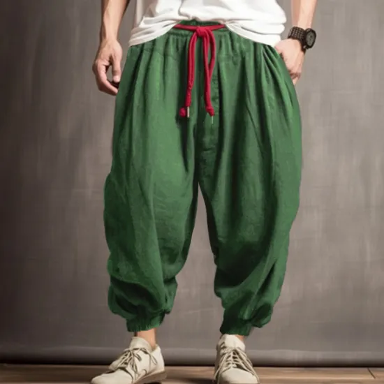 New OUKU Men's Linen Pants Trousers Summer Pants Bloomers Drawstring Elastic Waist Drop Crotch Plain Comfort Breathable Outdoor Daily Going out Fashion Casual Army Green Navy Blue