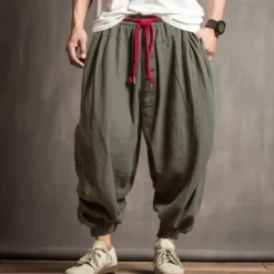 New OUKU Men's Linen Pants Trousers Summer Pants Bloomers Drawstring Elastic Waist Drop Crotch Plain Comfort Breathable Outdoor Daily Going out Fashion Casual Army Green Navy Blue