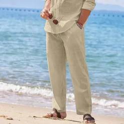 Clearance OUKU Men's Linen Pants Trousers Summer Pants Beach Pants Drawstring Elastic Waist Plain Comfort Breathable Outdoor Daily Going out Fashion Streetwear Black White