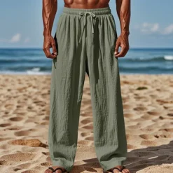 Clearance OUKU Men's Linen Pants Trousers Summer Pants Beach Pants Drawstring Elastic Waist Straight Leg Plain Comfort Breathable Full Length Casual Daily Holiday Vacation Fashion Black White
