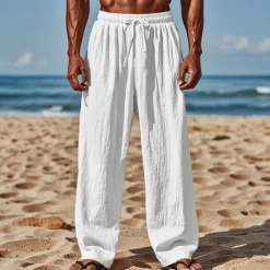 Clearance OUKU Men's Linen Pants Trousers Summer Pants Beach Pants Drawstring Elastic Waist Straight Leg Plain Comfort Breathable Full Length Casual Daily Holiday Vacation Fashion Black White