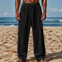 Clearance OUKU Men's Linen Pants Trousers Summer Pants Beach Pants Drawstring Elastic Waist Straight Leg Plain Comfort Breathable Full Length Casual Daily Holiday Vacation Fashion Black White