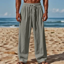 Clearance OUKU Men's Linen Pants Trousers Summer Pants Beach Pants Drawstring Elastic Waist Straight Leg Plain Comfort Breathable Full Length Casual Daily Holiday Vacation Fashion Black White