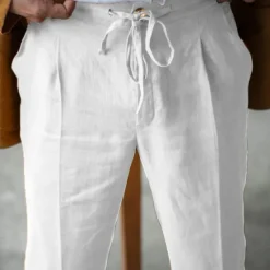Hot OUKU Men's Linen Pants Trousers Summer Pants Beach Pants Plain Breathable Soft Casual Daily Holiday Fashion Streetwear White Navy Blue Inelastic