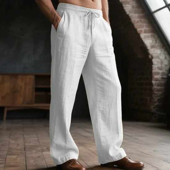 OUKU Men's Linen Pants Trousers Drawstring Pocket Elastic Waist Plain Comfort Breathable Daily Basic Black White