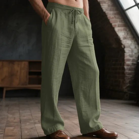 OUKU Men's Linen Pants Trousers Drawstring Pocket Elastic Waist Plain Comfort Breathable Daily Basic Black White