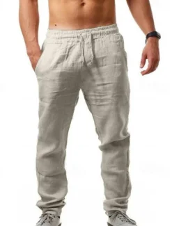 Sale OUKU Men's Linen Pants Trousers Drawstring Elastic Waistband with Side Pocket Casual Chino Daily Linen Like Fabric Plain Dark Brown Black White S M L