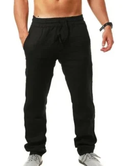 Sale OUKU Men's Linen Pants Trousers Drawstring Elastic Waistband with Side Pocket Casual Chino Daily Linen Like Fabric Plain Dark Brown Black White S M L
