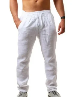 Sale OUKU Men's Linen Pants Trousers Drawstring Elastic Waistband with Side Pocket Casual Chino Daily Linen Like Fabric Plain Dark Brown Black White S M L