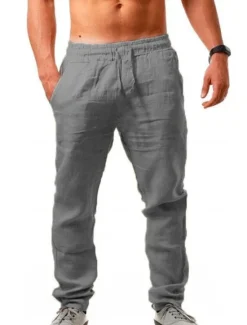 Sale OUKU Men's Linen Pants Trousers Drawstring Elastic Waistband with Side Pocket Casual Chino Daily Linen Like Fabric Plain Dark Brown Black White S M L