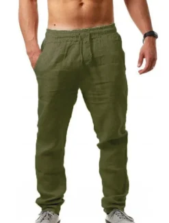 Sale OUKU Men's Linen Pants Trousers Drawstring Elastic Waistband with Side Pocket Casual Chino Daily Linen Like Fabric Plain Dark Brown Black White S M L
