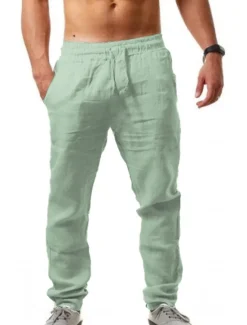 Sale OUKU Men's Linen Pants Trousers Drawstring Elastic Waistband with Side Pocket Casual Chino Daily Linen Like Fabric Plain Dark Brown Black White S M L