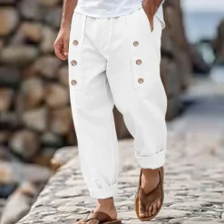 New OUKU Men's Linen Pants Trousers Summer Pants Buttons Front Pocket Pleats Plain Comfort Breathable Full Length Casual Daily Holiday Fashion Basic Loose Fit Black White