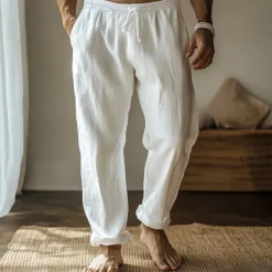 Best OUKU Men's Linen Pants Trousers Summer Pants Gauze Pants Drawstring Elastic Waist Straight Leg Plain Comfort Breathable Full Length Home Casual Daily Fashion Classic Style Black White
