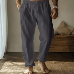 Best OUKU Men's Linen Pants Trousers Summer Pants Gauze Pants Drawstring Elastic Waist Straight Leg Plain Comfort Breathable Full Length Home Casual Daily Fashion Classic Style Black White