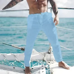 OUKU Men's Linen Pants Trousers Summer Pants Beach Pants Front Pocket Straight Leg Plain Comfort Breathable Casual Daily Holiday Fashion Basic Black White