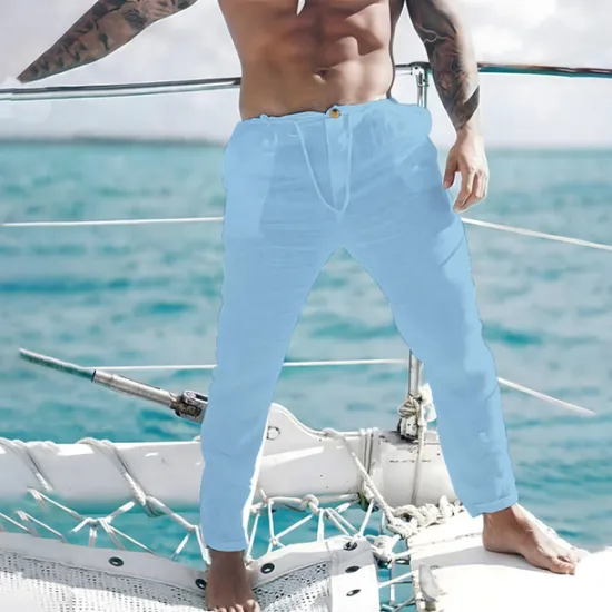 OUKU Men's Linen Pants Trousers Summer Pants Beach Pants Front Pocket Straight Leg Plain Comfort Breathable Casual Daily Holiday Fashion Basic Black White