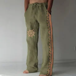 New OUKU Men's Linen Pants Trousers Summer Pants Beach Pants Drawstring Elastic Waist 3D Print Geometric Pattern Graphic Prints Comfort Casual Daily Holiday Vintage Ethnic Style Black Navy Blue