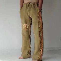 New OUKU Men's Linen Pants Trousers Summer Pants Beach Pants Drawstring Elastic Waist 3D Print Geometric Pattern Graphic Prints Comfort Casual Daily Holiday Vintage Ethnic Style Black Navy Blue