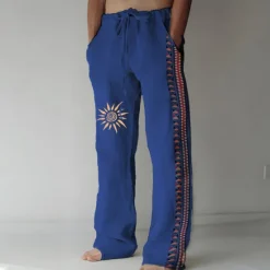 New OUKU Men's Linen Pants Trousers Summer Pants Beach Pants Drawstring Elastic Waist 3D Print Geometric Pattern Graphic Prints Comfort Casual Daily Holiday Vintage Ethnic Style Black Navy Blue