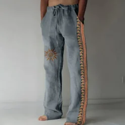 New OUKU Men's Linen Pants Trousers Summer Pants Beach Pants Drawstring Elastic Waist 3D Print Geometric Pattern Graphic Prints Comfort Casual Daily Holiday Vintage Ethnic Style Black Navy Blue