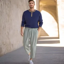 New OUKU Men's Linen Pants Trousers Beach Pants Pocket Drawstring Plain Comfort Breathable Daily Stylish Hip Hop Black White Micro-elastic