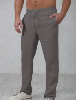 OUKU Men's Linen Pants Trousers Summer Pants Beach Pants Drawstring Elastic Waist Straight Leg Plain Comfort Outdoor Casual Daily Streetwear Stylish Navy Blue Green