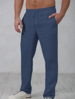 OUKU Men's Linen Pants Trousers Summer Pants Beach Pants Drawstring Elastic Waist Straight Leg Plain Comfort Outdoor Casual Daily Streetwear Stylish Navy Blue Green